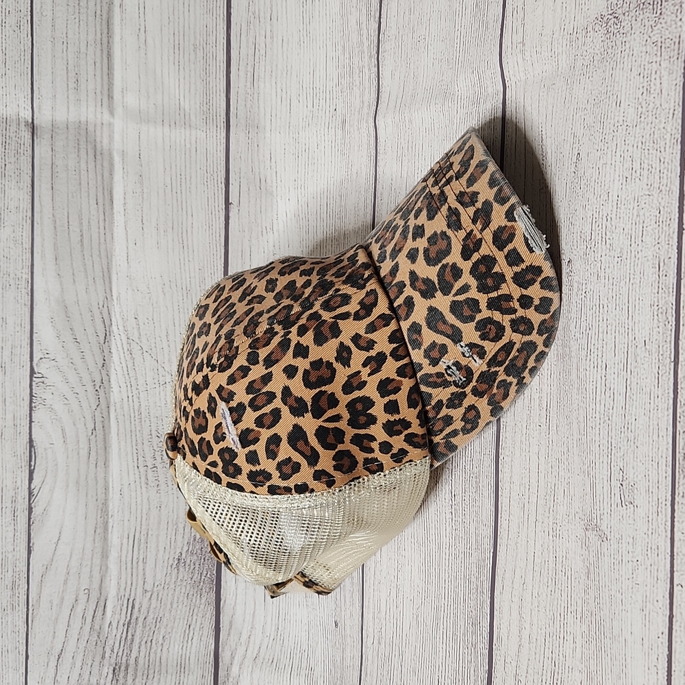 Leopard Print Distressed CC Pony Tail Trucker Hat
